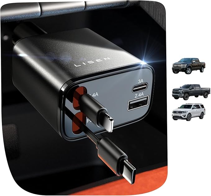 LISEN Long Retractable Car Charger 4 in 1 (47.2in Cable), USB C Car Charger for Truck/Jeep Drivers, Light Truck Jeep Accessories Fast Charging for iPhone 17 16 15 14 13 12 11 Series, Samsung S26 S25