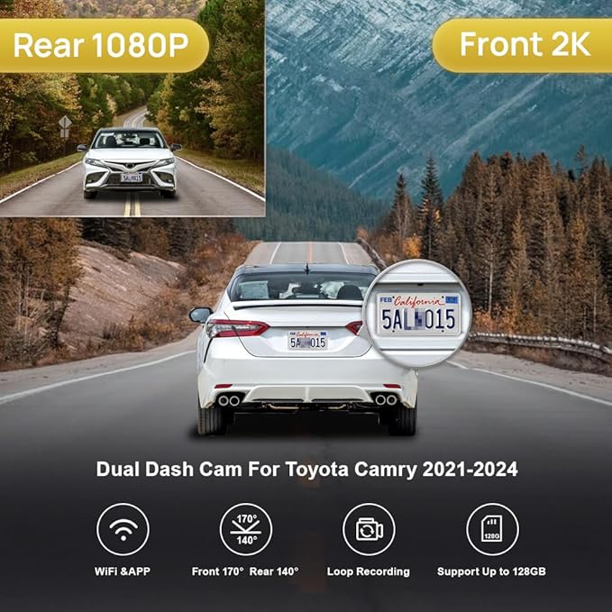 Fitcamx Front 2K+Rear 1080P Dash Cam Adapts for Toyota Camry 2021 2022 2023 2024 LE L XLE TRD XSE SE Hybrid (Gen8/XV70), OEM Style, Dual HD Video, WiFi & APP, Loop Recording, G-Sensor, 64GB Card