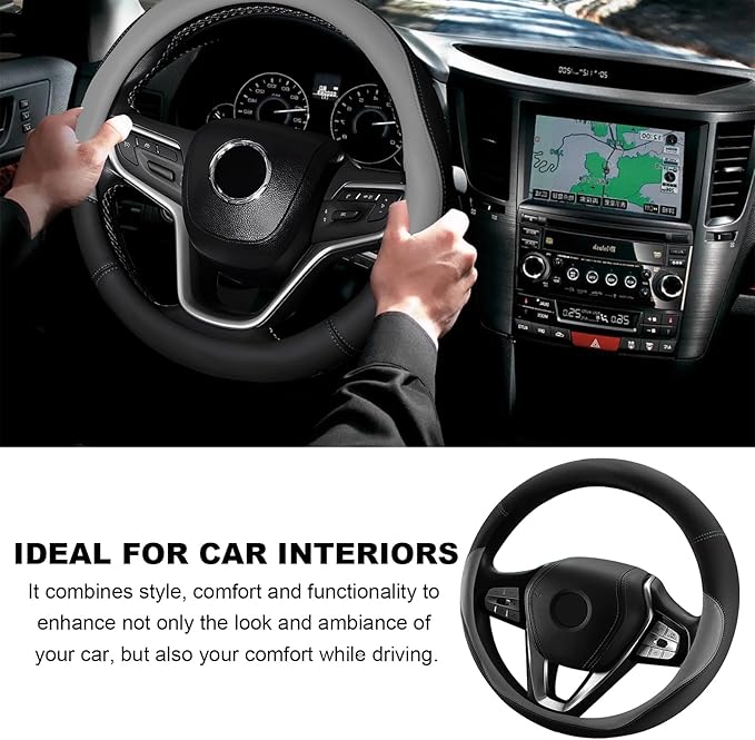 Leather Steering Wheel Cover, 15 Inch Soft Breathable Car Wheel Cover with Anti-Slip Lining, Universal Comfortable Steering Wheel Protector for Most Cars Trucks SUVs (Gray)