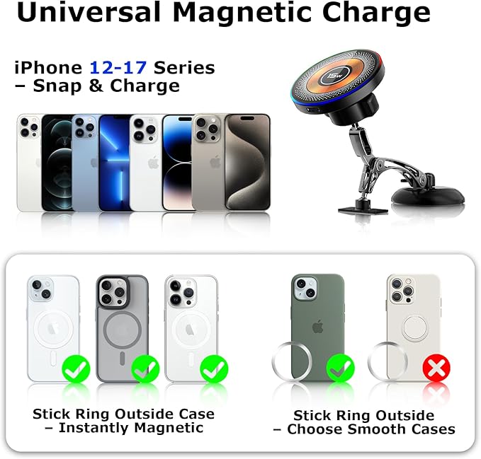 Magnetic for MagSafe Car Mount 15W Wireless Charging, Magnetic Phone Holder for Car with Vacuum, 360°Adjustable Metal Head &Extension Rod, Cell Phone Holders for Your Car for iPhone17/16/15/14/13/12