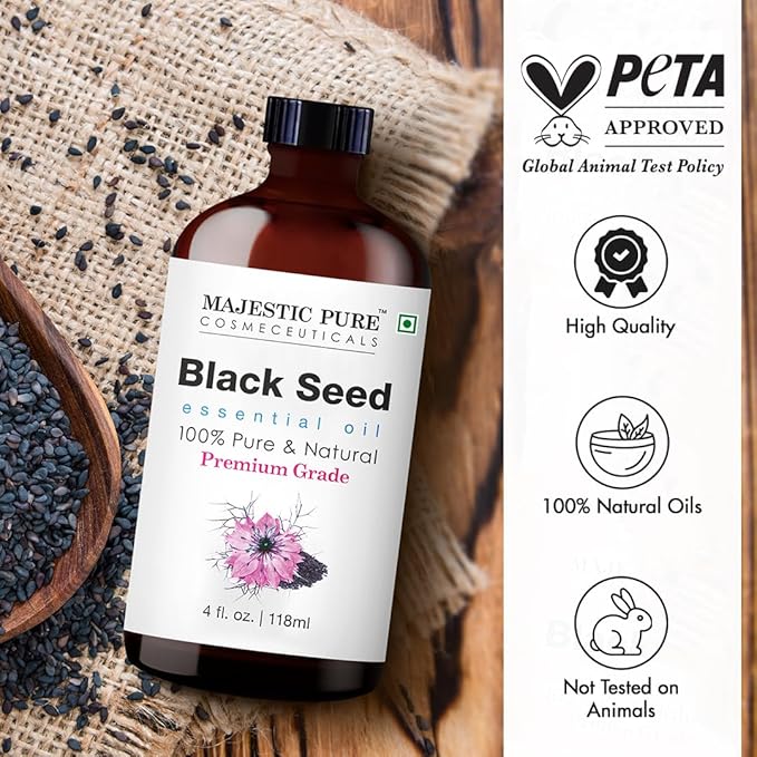 Majestic Pure Essential Oil with Glass Dropper - 100% Pure and Natural - Essential Oils for Diffuser, Aromatherapy, Soap and Candle Making, Blackseed Essential Oil, Blackseed Oil, 4 Fl Oz