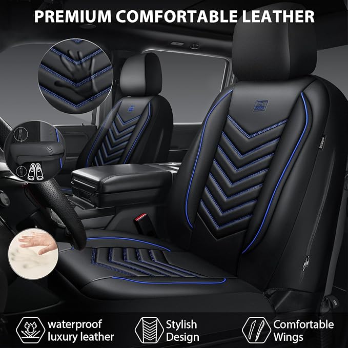 CAR PASS 3D Foam Faux Leather Car Seat Covers Front Seats,Waterproof Leather Front Seat Cover for Car,Universal Fit for SUV Truck Sedan Automotive,Armrest Airbag Compatible Anti-Slip, Black and Blue