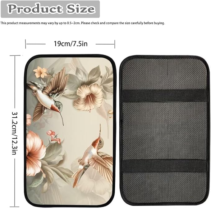 Coldinair Vintage Hummingbird Floral Car Armrest Cover,Auto Center Console Pad,Soft Seat Box Cover Protector Cushion,Car Accessories Decor for Most Cars,Sedan,Truck,SUV