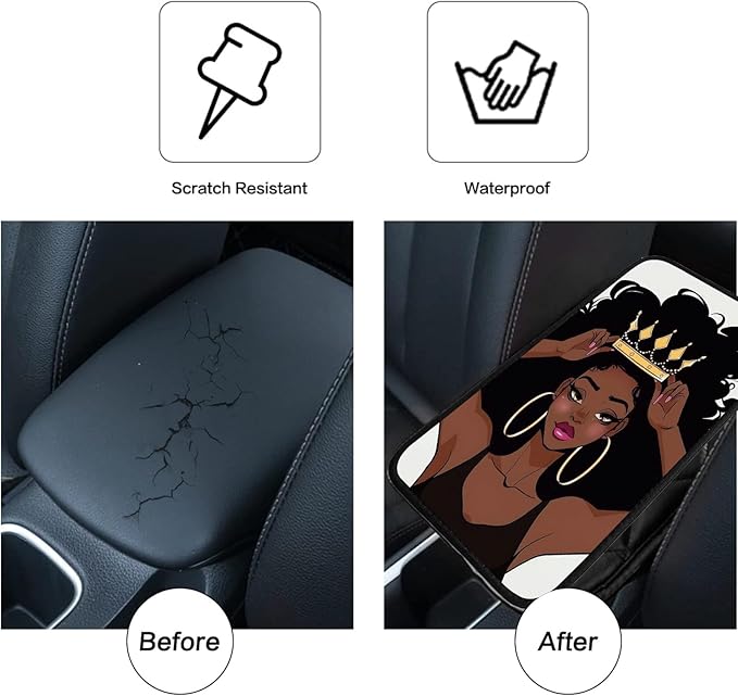 Car Armrest Cover Pads Universal Fashion Cute Auto Center Console Armrest Cover Pad with 2PCS Car Coasters Soft Waterproof Car Armrest Seat Protector for Women, African Black Girl
