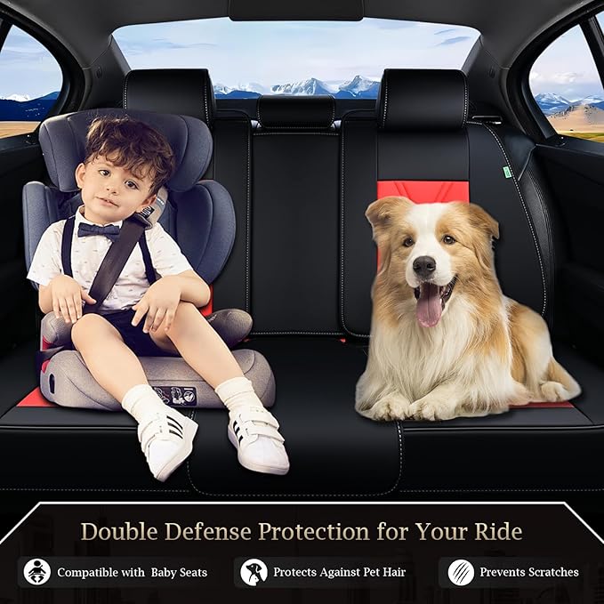FLORICH Rear Seat Covers Leather Car Seat Covers Waterproof Back Seat Cover Automotive Seat Covers Universal Seat Cushion Protector for Most Cars Trucks SUV-Black&Red