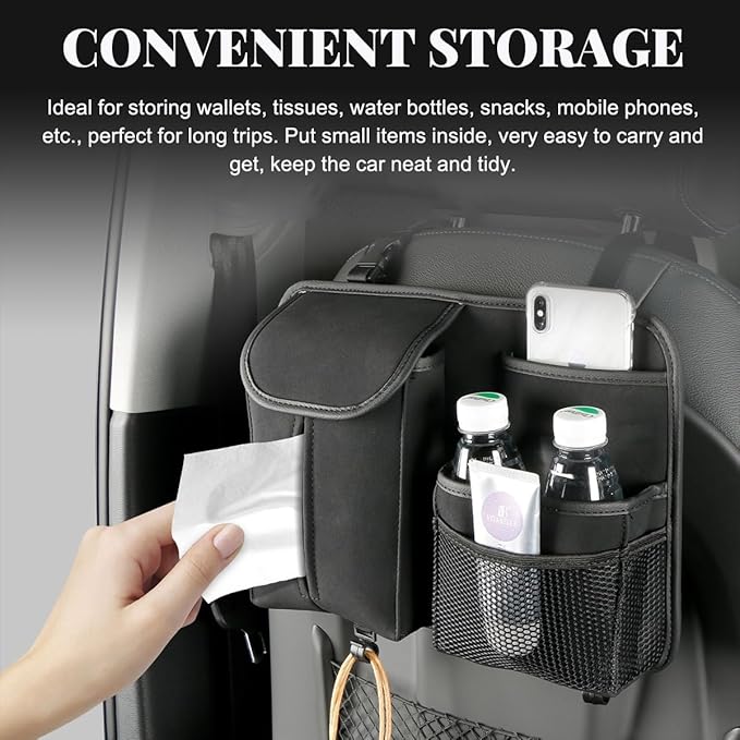 Car Back Seat Organizer, Multi Pockets Car Hanging Seat Back Headrest Organizer with Hook, Durable Car Seat Storage Bag, Universal Travel Accessories with Tissue Box Net Pocket (Coffee)