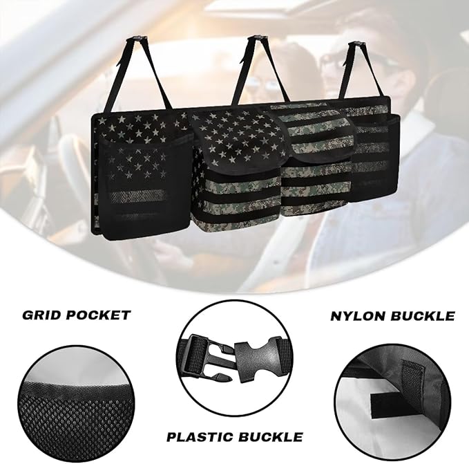 Patriotic Car Backseat Trunk Hanging Organizer for Men Suv Trunk Organizer Green Camo American Flag Cargo Storage Bag,4 Compartments