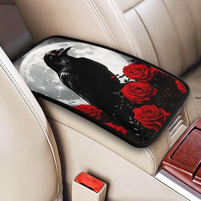 Gothic Raven Moon Red Roses Car Handrail Box Cushion Armrest Cover Auto Center Console Pad Car Decor 12.6X7.5 in