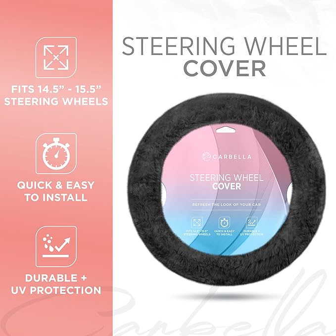 Carbella Aspen Black Fuzzy Steering Wheel Cover for Women ‚Äì Cute and Stylish Fluffy Fur Steering Wheel Cover for Cars Trucks Vans SUVs, Universal Fit for Wheel Sizes 14.5 to 15.5 inches