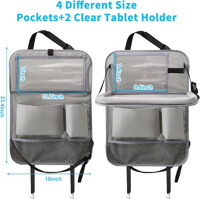 Car Backseat Organizer with Tablet Holder, 6 Storage Pockets Foldable Table Food Tray Seat Back Protectors Kick Mats Travel Accessories, 2 Pack Grey