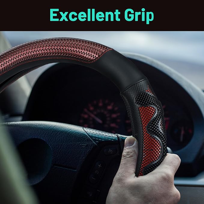 18 Inch Truck Steering Wheel Cover Leather Wheel Semi-Truck Comfy Grip Cover Anti Slip Car Accessory, Fits Rv, Big Rig and Classic Car(Red, Classic Style)