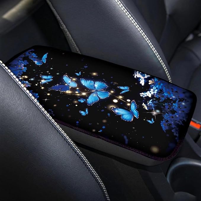 Dreaweet Car Armrest Cover Blue Butterfly Car Accessories Center Console Cover with Pockets,Soft Arm Rest Cover for Car SUV Truck Sedan Van