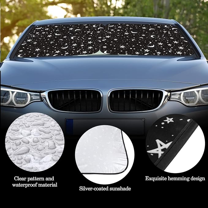 Moukeren 2 PCS Windshield Sun Shade for Car Foldable Window Covers for Car Accessories Reflect UV Sun Heat Protector for Universal Cars SUV Truck RV (Star Moon,31.75 x 28.75 Inch)