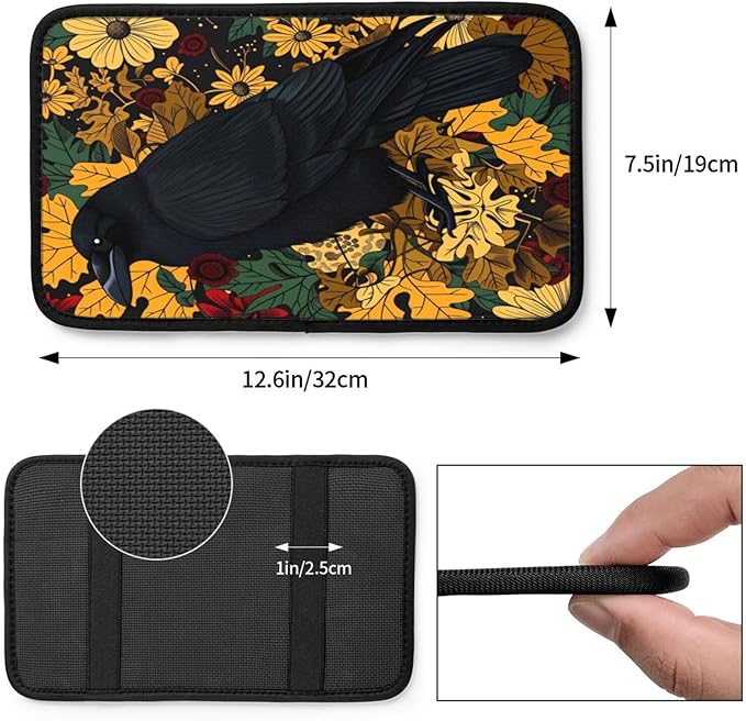 Gothic Raven Vintage Floral Black Crow Car Handrail Box Cushion Armrest Cover Auto Center Console Pad Car Decor 12.6X7.5 in