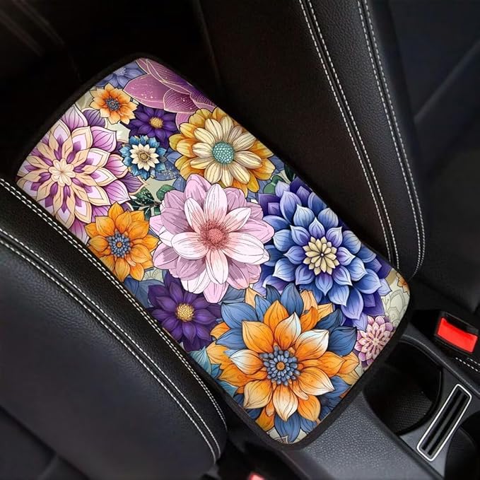 Coldinair Boho Flower Car Center Console Pad,Auto Interior Accessories Decoration,Auto Armrest Cover Protector for Most Vehicle, SUV, Truck, Car