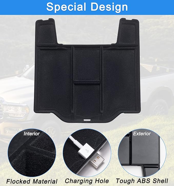 PIMCAR Center Console Organizer Upgrade Flocked Liner Interior Compatible with Dodge RAM 1500 2500 3500 2019-2025 2026 ABS Plastic Material Shell Armrest Box Insert Tray Accessories