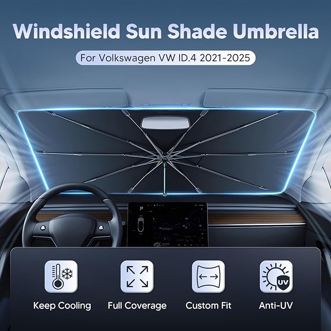 Autorder Windshield Sun Shade Umbrella for 2021-2025 2026 Volkswagen VW ID.4 Accessories,Upgraded Ice Crystal Material,Easy Setup Umbrella Sunshade for Car Windshield,100% Sun Blocking