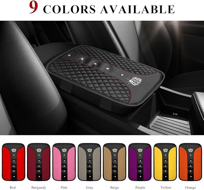 Bling Leather Car Center Console Cover, Anti-Slip Crown Armrest Seat Box Cushion Pad with Rhinestones, Waterproof Crystal Arm Rest Protector Interior Decor for Most Vehicles (Black)