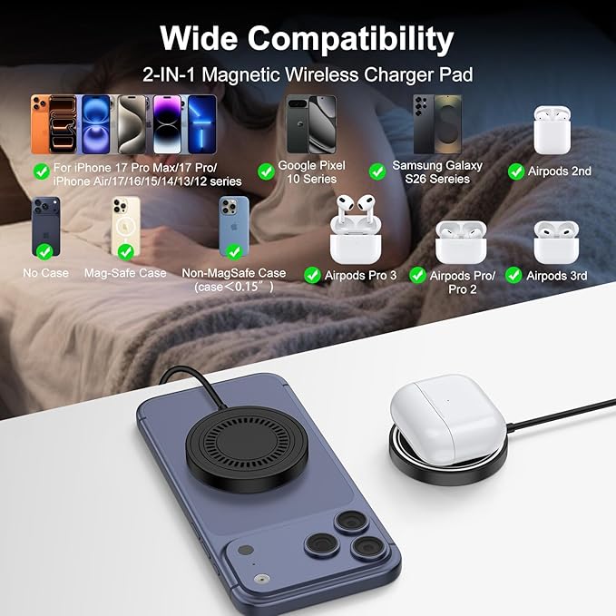 for iPhone 17e Mag-Safe Charger 2 Pack 15W Magnetic Wireless Charger Fast Charging Pad for iPhone 17 16 15 14 13 12&Airpods Pro 4 3,15W Wireless Charger Android USB-C/A for Google Pixel 10a Galaxy S26