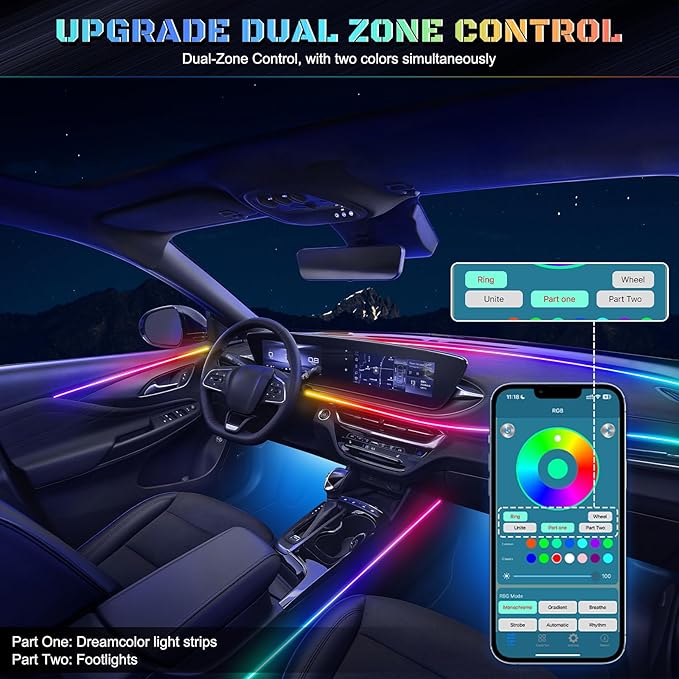 Dreamcolor Acrylic Interior Car LED Strip Light with Wireless APP, RGB 10 in 1 with 175 inches 612 LEDs Fiber Optic Strip Lights for Car, Dual Zone Symphony Neon Car Ambient Lighting