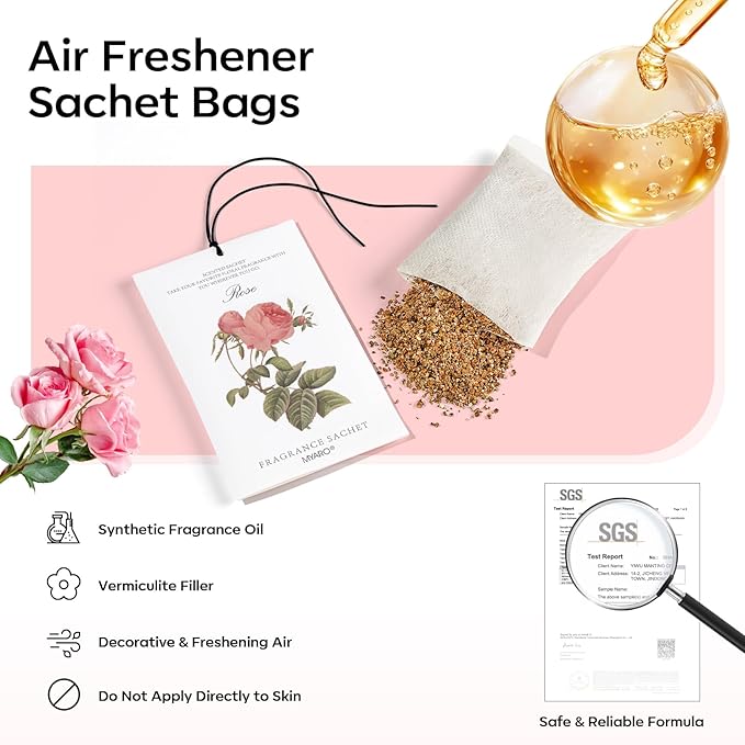 MYARO 12 Pcs Rose Scented Sachets Long Lasting Room Air Freshener Odor Deodorizer Eliminating for Home Drawer Closet Clothes Storage