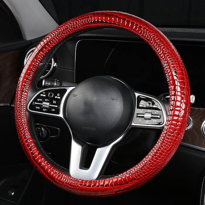 Luxury Crocodile Texture Glossy Leather Car Steering Wheel Cover, New Universal 15 Inch Vehicle Steering Wheel Cover for Cars, Trucks, Suvs, Pickups Interior Accessories (Red)