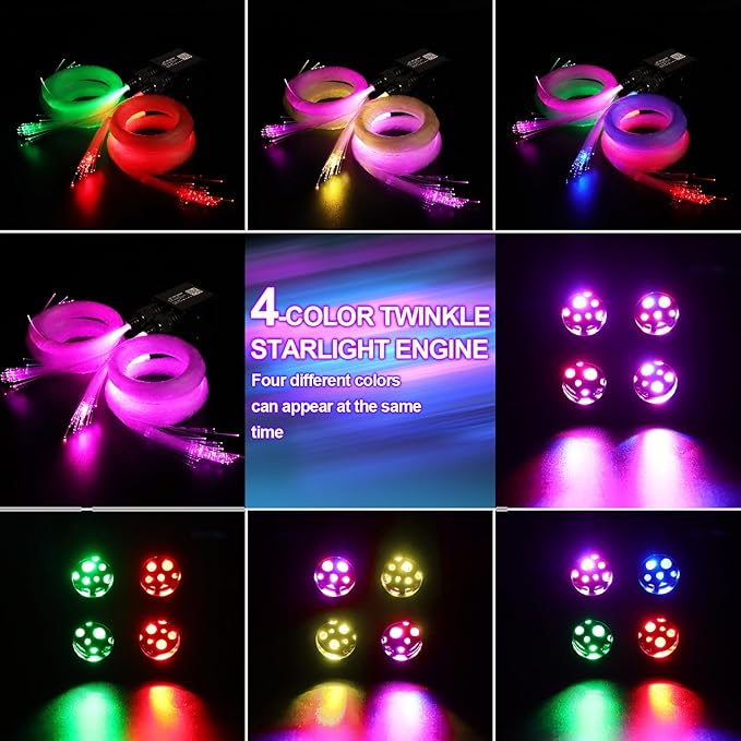 36W 4-Color RGBW Car Starlight Headliner Kit, 800pcs0.03in9.8ft, Twinkle & Sound Activate 4-Port Fiber Optic Light Engine with Bluetooth APP&Remote Control, Star Lights for Car and Home
