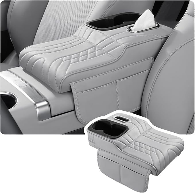 Car Armrest Storage Box for Infiniti QX60 2013–2025 2020 2021 2022 2023 2024, Sport-Style Center Console Organizer with Side Pocket, PU Leather Armrest Cushion, Elbow Support Pad,C Grey