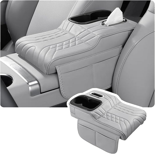 Car Armrest Storage Box for Cadillac SRX 2004–2016 2013 2014 2015, Sport-Style Center Console Organizer with Side Pocket, PU Leather Armrest Cushion, Elbow Support Pad,C Grey