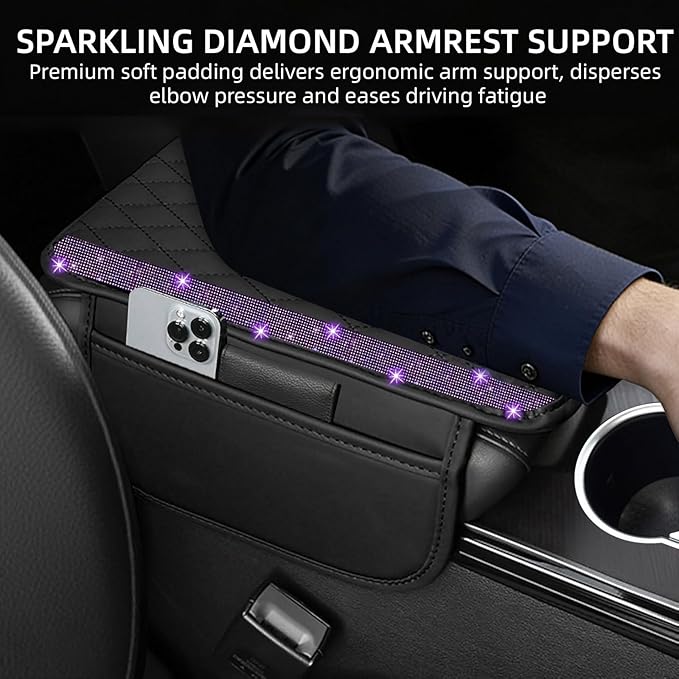 NBTEPEM Bling Car Center Console Cover, Leather Car Arm Rest Cover Cushion with 2 Storage Bags, Universal Auto Armrest Protector Storage Box, Bling Accessories Interior for Most Vehicles (Purple)