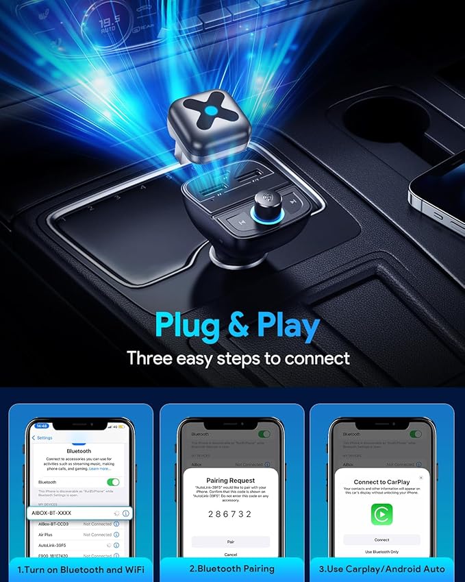 Ultra Mini Android Auto & Carplay Wireless Adapter UK, Latest A9 Chip 5.8GHZ WiFi, 5.4 Bluetooth, 3-5s Auto Connect, USB-C/USB-A/Extension Cable, Compatible with iOS10+, Android 10+, CE/ROHS/FCC