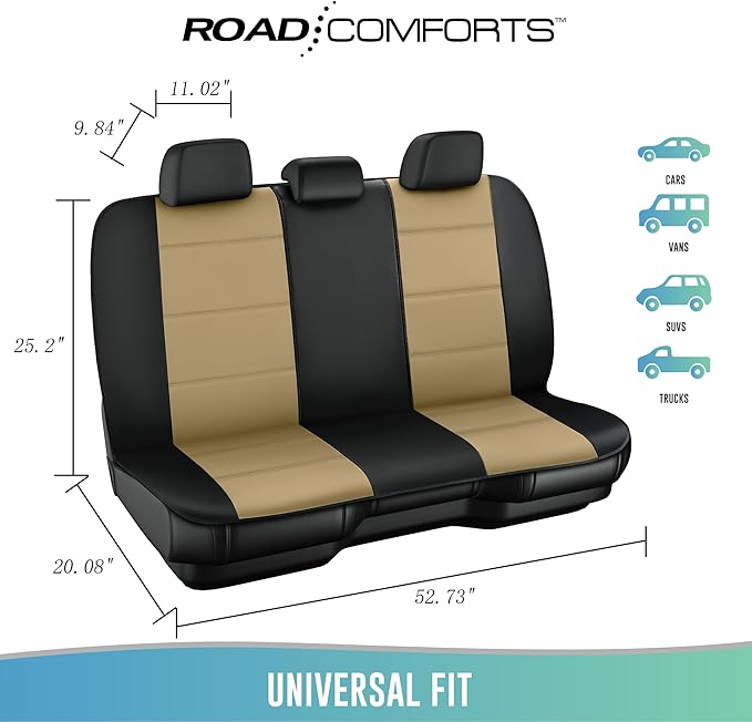 Road Comforts Car Seat Cover, Leather Full Set Car Seat Cover, Automotive Front Rear Seat Covers, Airbag Compatible Universal Fit for Most Cars (Beige)