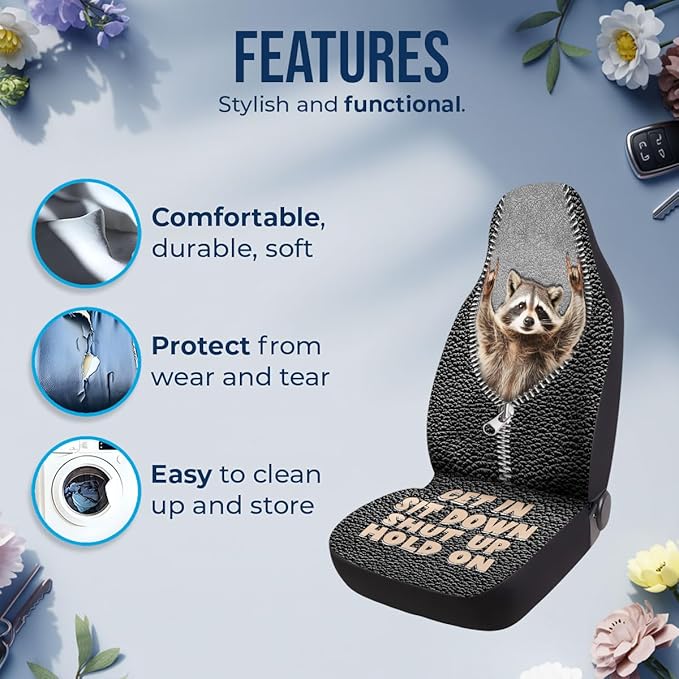 GENANY Funny Raccoon Car Seat Covers Set of 2, Racoon Breathable Front Seat Covers for Truck Sedan SUV, Funny Car Accessories, Raccoon Gift for Women Men