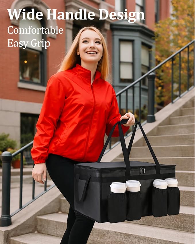 Bodaon Insulated Grocery Bags with 4 Cup Holders -Insulated Bags for Food Delivery with Zippered Top, Food Carrier for Catering, Pizza Bag and Cooler Bag for Takeout, Picnic, Shopping, Car Use