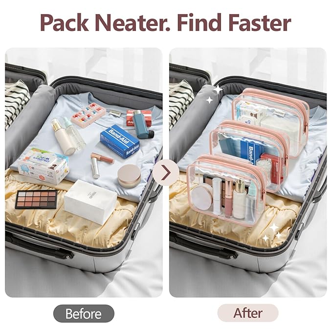 PACKISM TSA Approved Toiletry Bag - Clear Makeup Bag 3 Pack Medium, Metal Smooth Zipper Quart Size Bag for 3-1-1 Liquids, Travel Makeup Bag for Women Men, Airport Airline Compliant Bag, Rose Pink