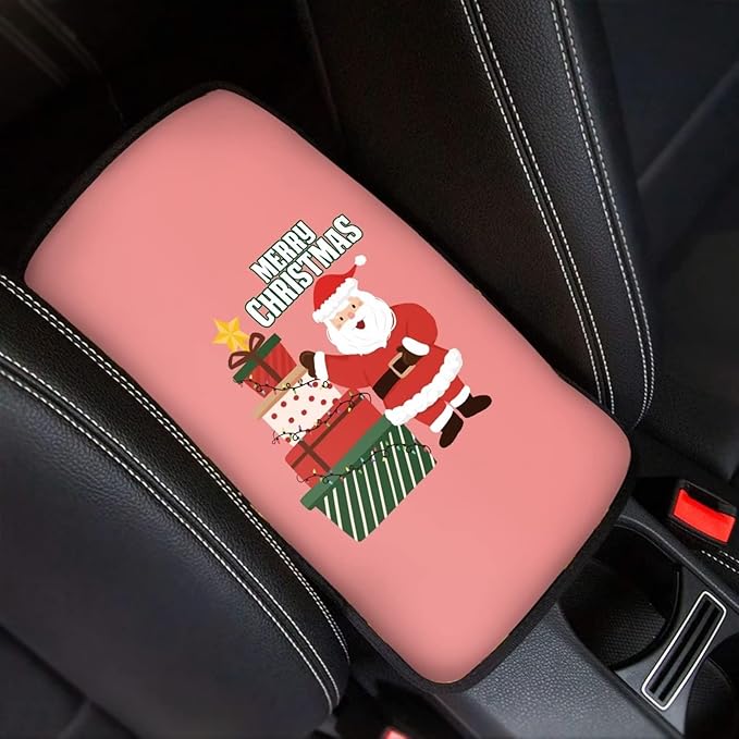 JEOCODY Pink Merry Christmas Santa Claus Console Armrest Cover Pads Car Interior Accessories Decor Seat Box Cover Protector