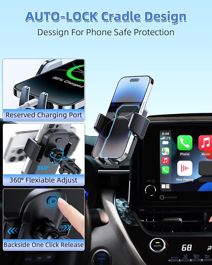 PZK Car Phone Mount for 2019-2025 2026 Toyota Corolla/Corolla Hatchback /2022-2025 2026 Corolla Cross Accessories 8-inch Screen Auto Lock Car Phone Holder 360° Rotation Not Affect Vent Phone Cradles