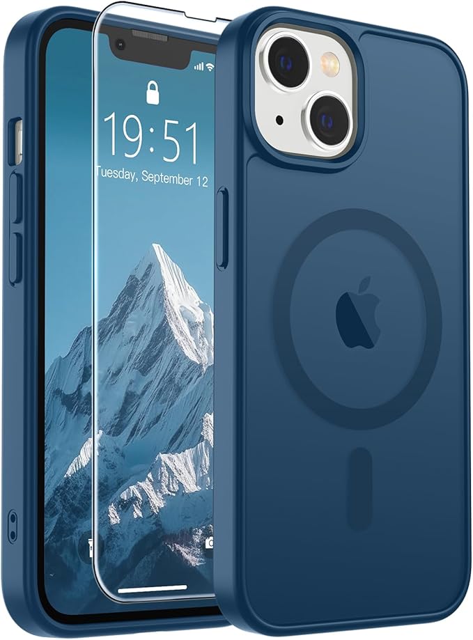 SUPFINE Magnetic for iPhone 14 Case & iPhone 13 Case with Screen Protector (Compatible with MagSafe) (Military Grade Drop Protection) Translucent Matte Shockproof Phone Cover,Deep Blue