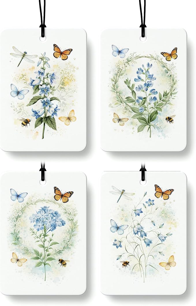 Blue Floral Butterfly Car Air Freshener 4 Pcs Coconut Scented, Cute Car Accessories Mirror Decor for Women, Cottagecore Flower Aesthetic Hanging Air Freshener for Cars Closet Drawer Books