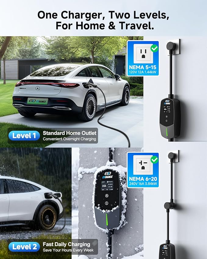 EVDANCE Level 1 & 2 EV Charger, 16A 110-240V Portable Electric Car Charger with 25ft Cable, Adjustable Current, Delayed Start, LED Screen, Universal EV Charger Compatible with All J1772 EVs