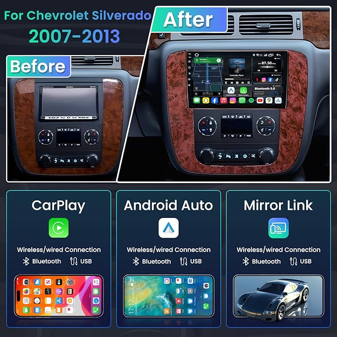 8Core 4+64GB Android 13 Radio for 2007-2013 Chevy Tahoe Suburban: Silverado GMC Yukon: 9" 1280 * 800P IPS Touchscreen Wireless CarPlay Android Auto FM/AM/DSP 5G WiFi Bluetooth GPS Backup Camera SWC