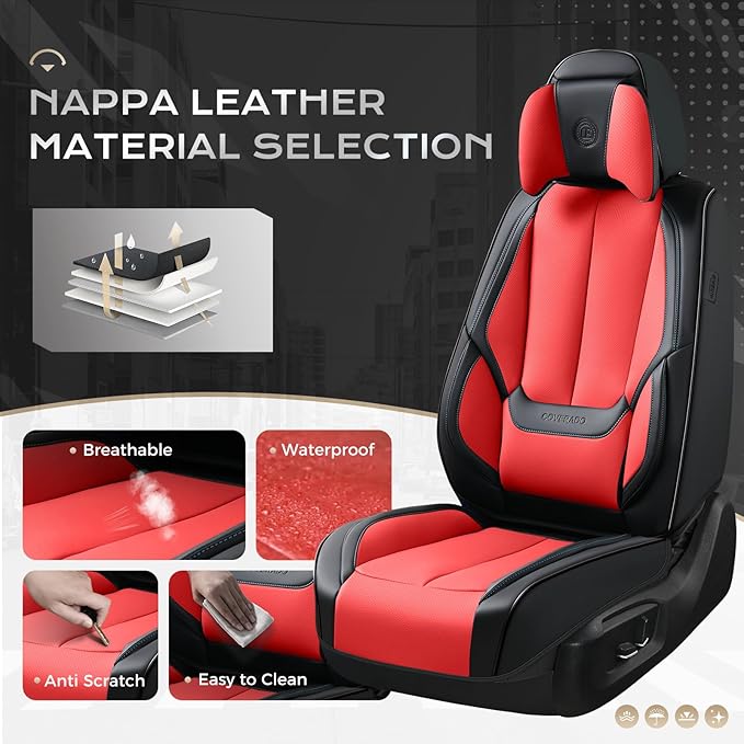 Coverado Seat Covers, Car Seat Covers Front Seats, Car Seat Cover, Car Seat Protector Waterproof, Seat Cushion Nappa Leather with Head Pillow, Carseat Cover Universal Fit for Most Cars (Black&Red)
