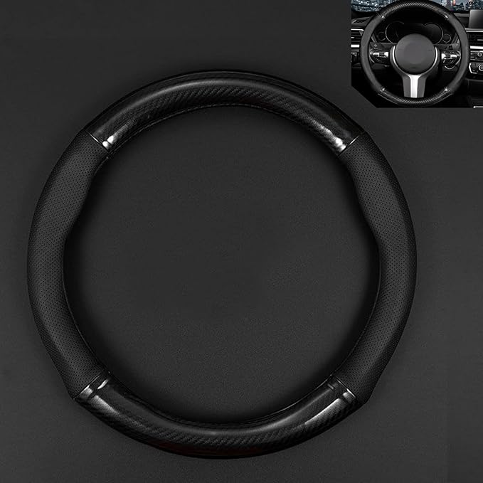 O-shaped Steering Wheel Cover, Carbon Fiber Pattern Anti-slip Wear-resistant Sweat-absorbent Microfiber Leather Steering Wheel Protector, Four Seasons Universal Accessory (Black)