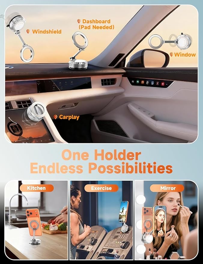 Pure Zinc Alloy Vacuum Magnetic Phone Holders for Your Car [105+LBS Suction & 3800gf Magnetic] 360° Adjustable Magsafe Car Phone Holder Mount for iPhone 17 16 15 14 13 12 Series & Android