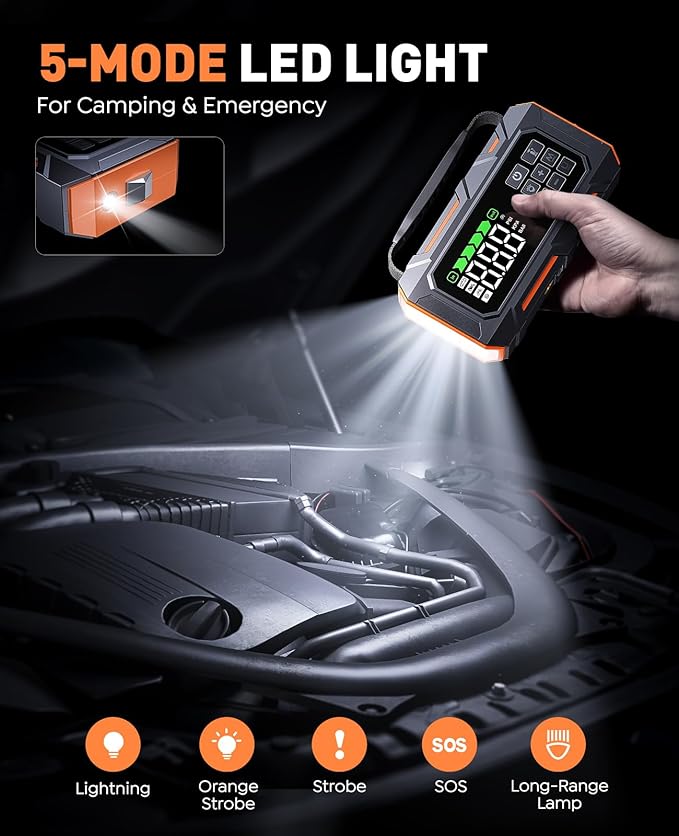 TREKURE 16-in-1 8000A Car Battery Jump Starter with Air Compressor 160PSI, Jump Starter Jump Box (All Gas 12L Diesel) with Portable Jumper Cables, Auto-Shutoff Tire Inflator, Gloves, Tow Rope