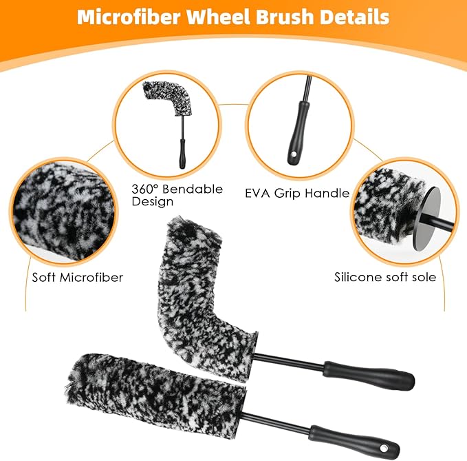 6PCS Car Rim Brushes for Cleaning Wheels, Car Detailing Cleaning Wash Brush Set, Stiff-Bristle Rim Brush with Tire Shine Applicator Pad for Cars SUV Tire RVs Trucks Wheel