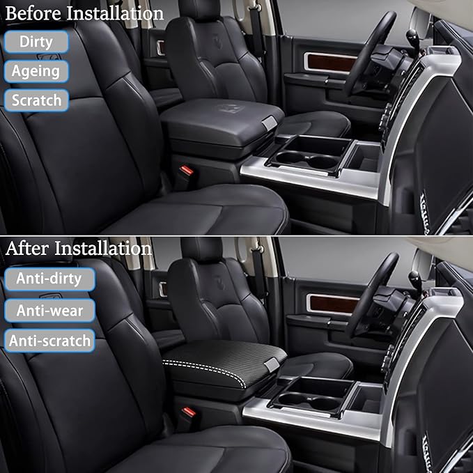 for RAM 2009-2018 Center Console Cover Anti-Scratch Waterproof Leather Armrest Pad Protector Cushion for Dodge RAM 1500 2500 3500 4500 5500 2009-2018 Interior Accessories(Carbon Fiber)