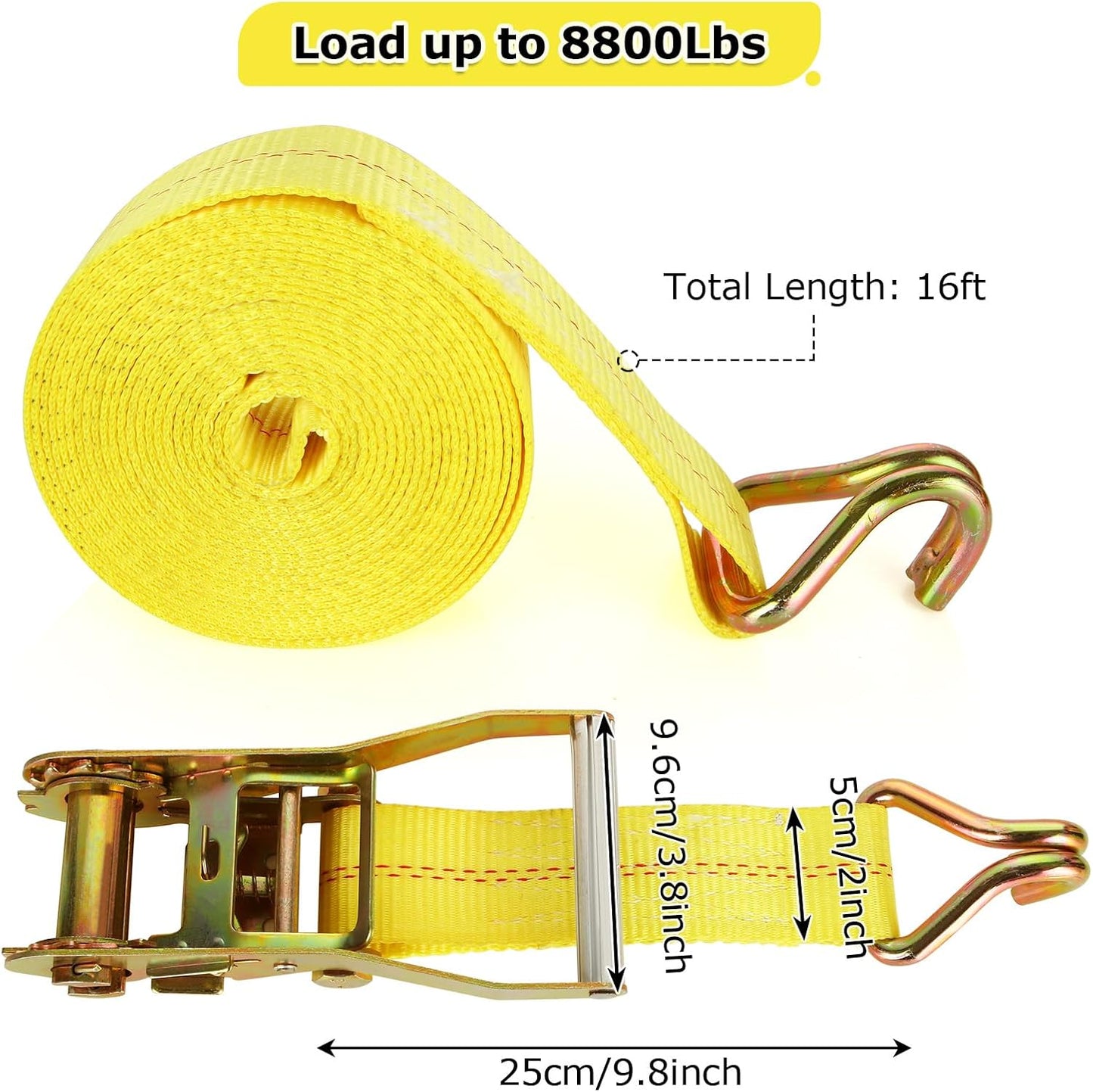 4 Pack 2 Inch Ratchet Straps Heavy Duty 16ft Tie Down Straps Ratchet with Double J Hook, 10000 LBS Break Strength, Cargo Ratchet Straps for Moving, Truck, Trailers, Motorcycles, Kayaks, Car Roof