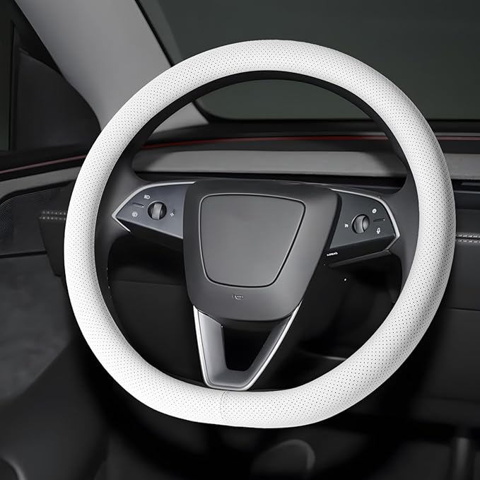 Microfiber Leather Universal 14.5-15 inch Steering Wheel Cover,Easy to Install Non-Slip Breathable Steering Wheel Protector White