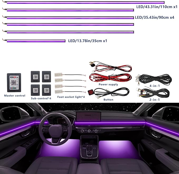 Acrylic Car LED Ambient Light, Fiber Optic Interior Light Strip, 24 Million Types, Ambient Light KKT that Swings with The Melody of Music (RGB Color 10 in 1)